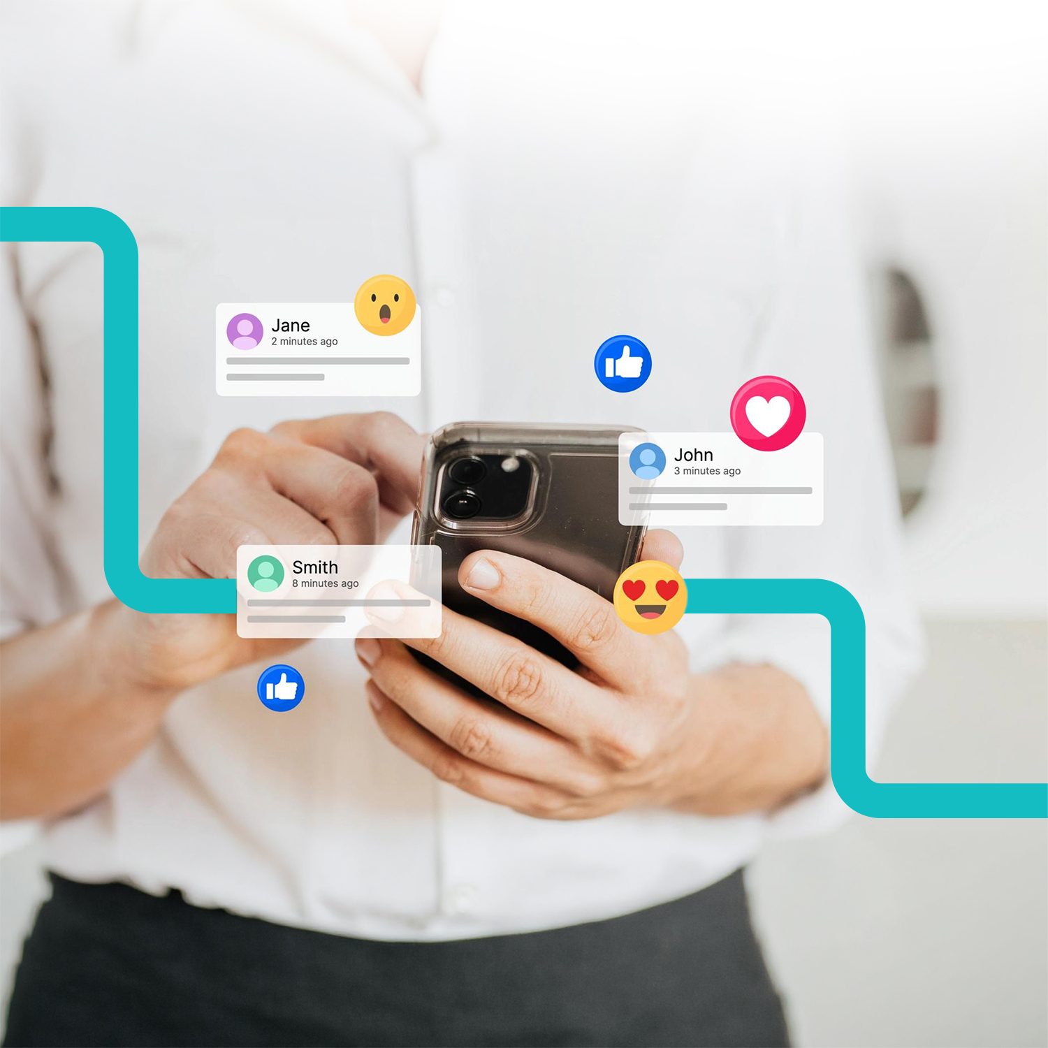 A hand holding a phone with social reactions floating around it